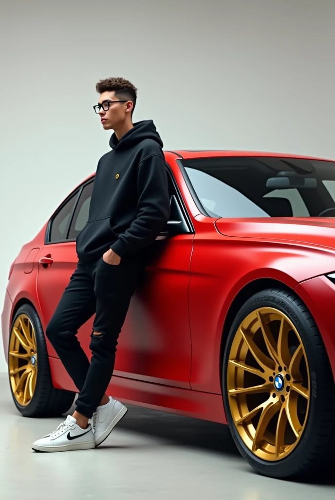Realistic HD photo from different angles of a BMW 320i 2014 model in matte red with gold rims and yellow calipers and a spoiler, Sporty diffuser and side skirts in carbon fiber, and leaning on him a young man with square glasses and short curly hair with a taper fade cut and a black Nike sweatshirt, Black ripped pants and white Nike blazer, and the BMW comes out complete