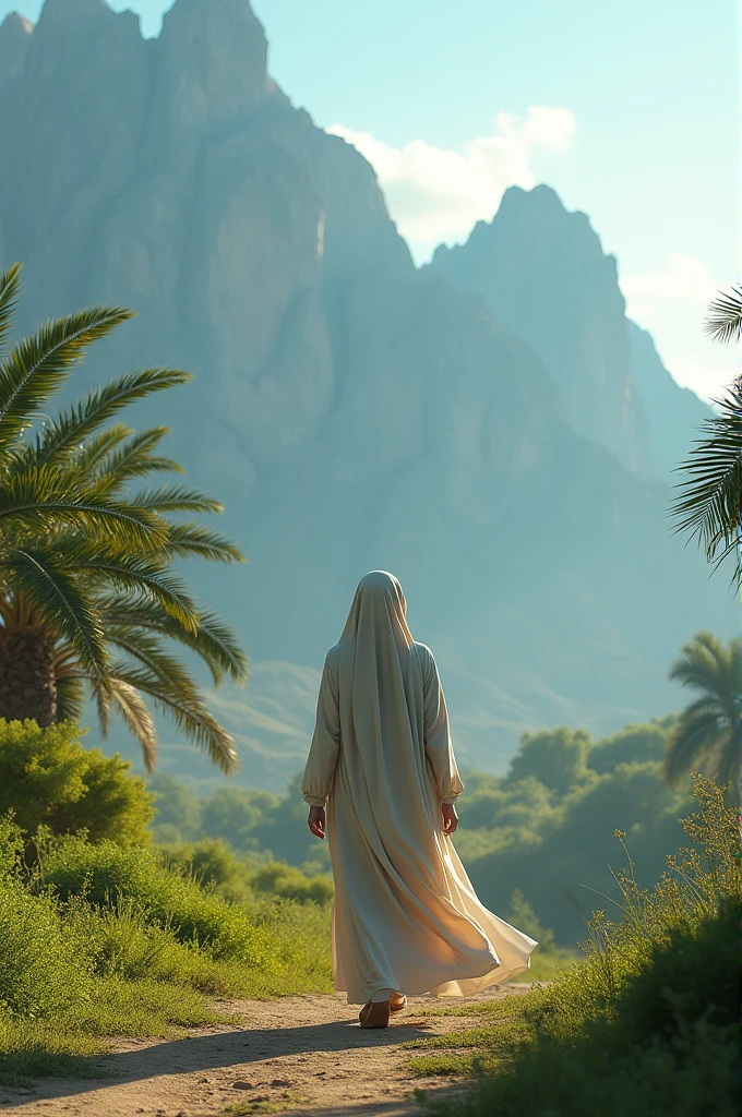 There is a mountain, cave, some date palm, green land , blue sky , a muslim women who is covered by islamic dress and cabutured from back side , th women is walking toward the background