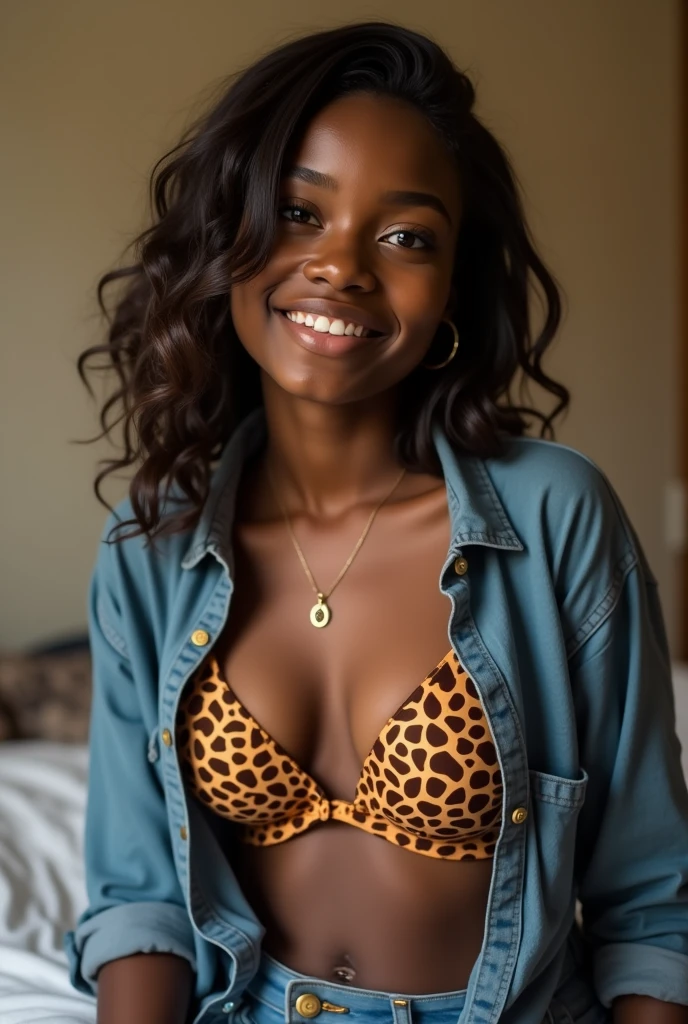 Ghanaian teenage With navel piercing,fully open shirt, giraffe bra, lying in the bed 