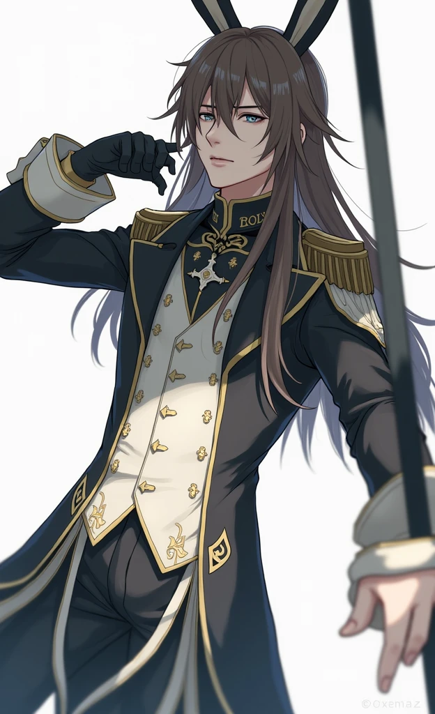 man, Beautiful face, long brown hair, long bunny ears, Antique clothes, grey eyes, beautiful body, high detail, professional quality, realistically, anime art