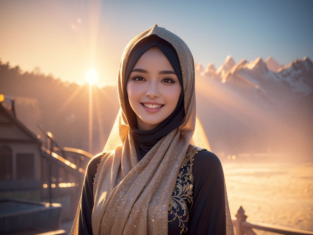 a gorgeous 4 Indonesian woman, 1girl, silk abaya, in hijab, smiling, shy, opened mouth, visible teeth, hot mom, full body portrait, (best quality,4k,8k,highres,masterpiece:1.2),ultra-detailed,(realistic,photorealistic,photo-realistic:1.37),HDR,UHD,studio lighting,ultra-fine painting,sharp focus,physically-based rendering,extreme detail description,professional,vivid colors,bokeh,portraits,warm color tones,dramatic lighting