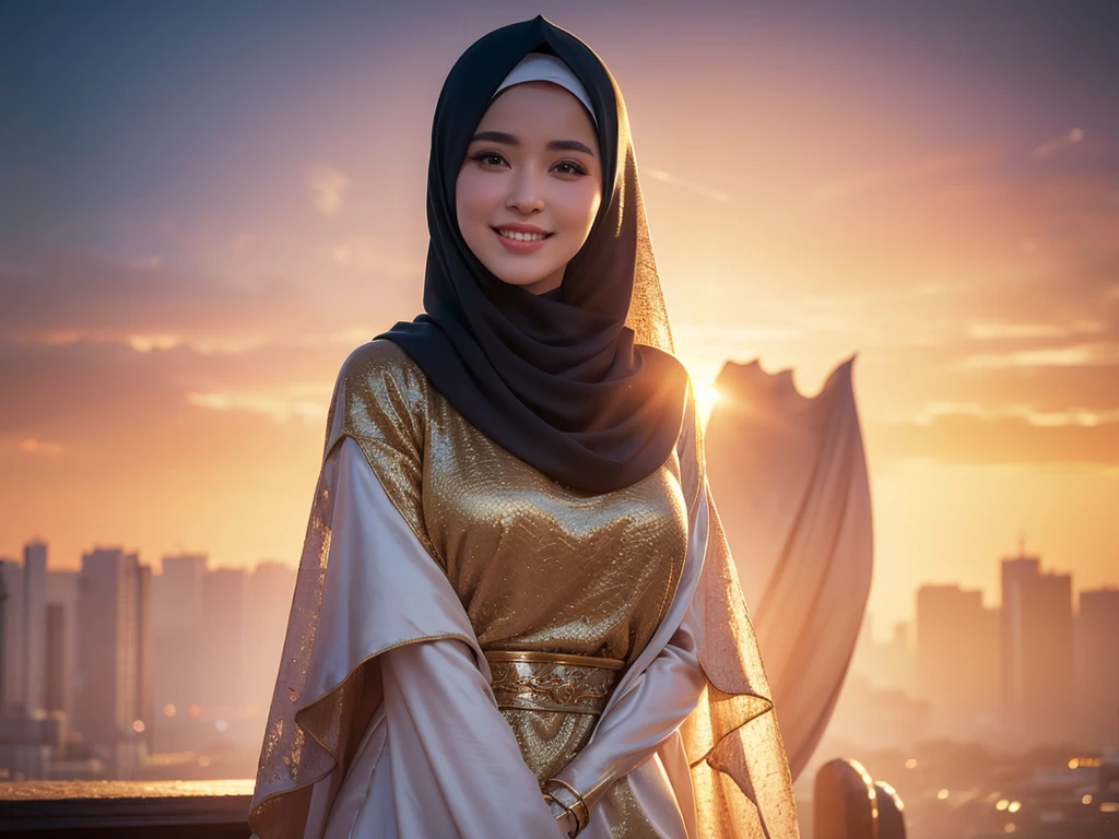 a gorgeous 4 Indonesian woman, 1girl, silk abaya, in hijab, smiling, shy, opened mouth, visible teeth, hot mom, full body portrait, (best quality,4k,8k,highres,masterpiece:1.2),ultra-detailed,(realistic,photorealistic,photo-realistic:1.37),HDR,UHD,studio lighting,ultra-fine painting,sharp focus,physically-based rendering,extreme detail description,professional,vivid colors,bokeh,portraits,warm color tones,dramatic lighting