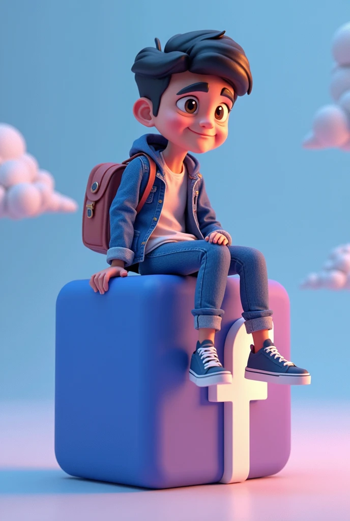 Create a 3D illustration of an animated character sitting casually on top of a social media logo Facebook. The character must wear casual modern clothing such as jeans jacket and sneakers shoes. The background of the image is a social media profile page with a user name Nur x JokeZ and a profile picture that match.

