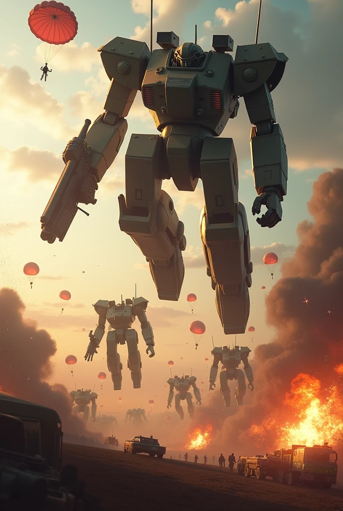 A cinematic action scene depicts mech units deploying from the sky via parachutes. Several military mech units, suspended in the air, fire their weapons toward enemies on the ground. The sky is filled with anti-aircraft rounds and surface-to-air missiles, destroying mech units mid-descent.The scene is intense and chaotic, with explosions lighting up the sky as the mechs descend. On the ground, enemy forces scramble to reposition their defenses, caught off guard by the aerial assault. Despite heavy losses, the surviving mech units press on, determined to establish a foothold and turn the tide of battle.