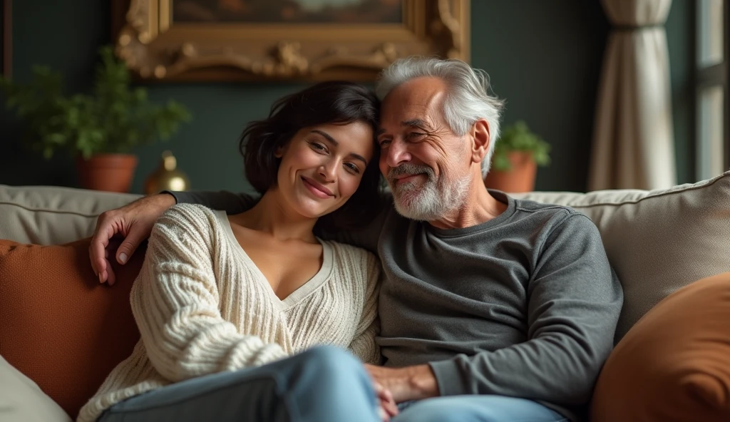 White Italian woman, short hair, Age 22, she is on the couch sitting with a 50 year old Italian man and they are smiling, extremely detaild, photoshot_\( ultra\), photoshotrealisitic, realisitic, Post-processing, Maximum details, roughness, real-life, ultrarealisitic, photoshotrealism, photoshotgraphy, 8k hd, photoshotgraphy