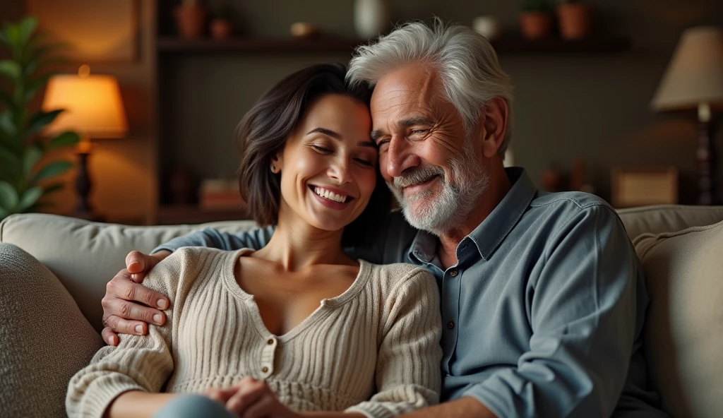 White Italian woman, short hair, Age 22, she is on the couch sitting with a 50 year old Italian man and they are smiling, extremely detaild, photoshot_\( ultra\), photoshotrealisitic, realisitic, Post-processing, Maximum details, roughness, real-life, ultrarealisitic, photoshotrealism, photoshotgraphy, 8k hd, photoshotgraphy
