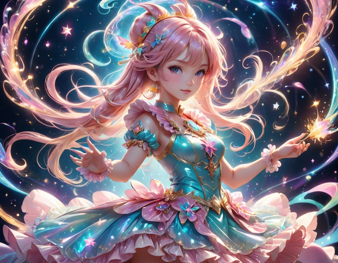 Her Fairilu Key is colored pink with a star-shaped handle and a blue jewel decorated in its center. SPARKLE; GLITTER