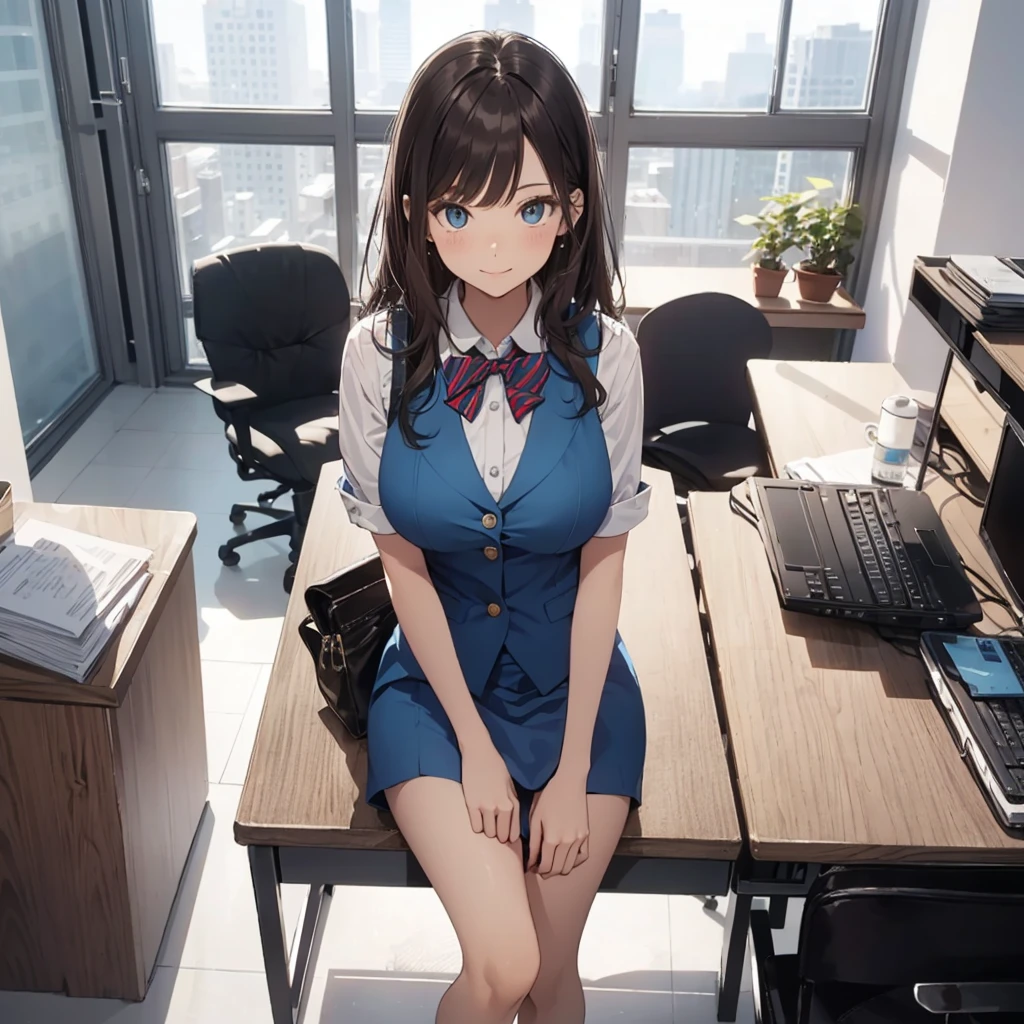 1lady solo, sitting, (from above), office worker, ((blue vest) over white dress shirt), mature female, /(dark brown hair/), kind smile, (masterpiece best quality:1.2) delicate illustration ultra-detailed, large breasts,bowtie BREAK (modern office) indoors, (reception desk), entrance, detailed background