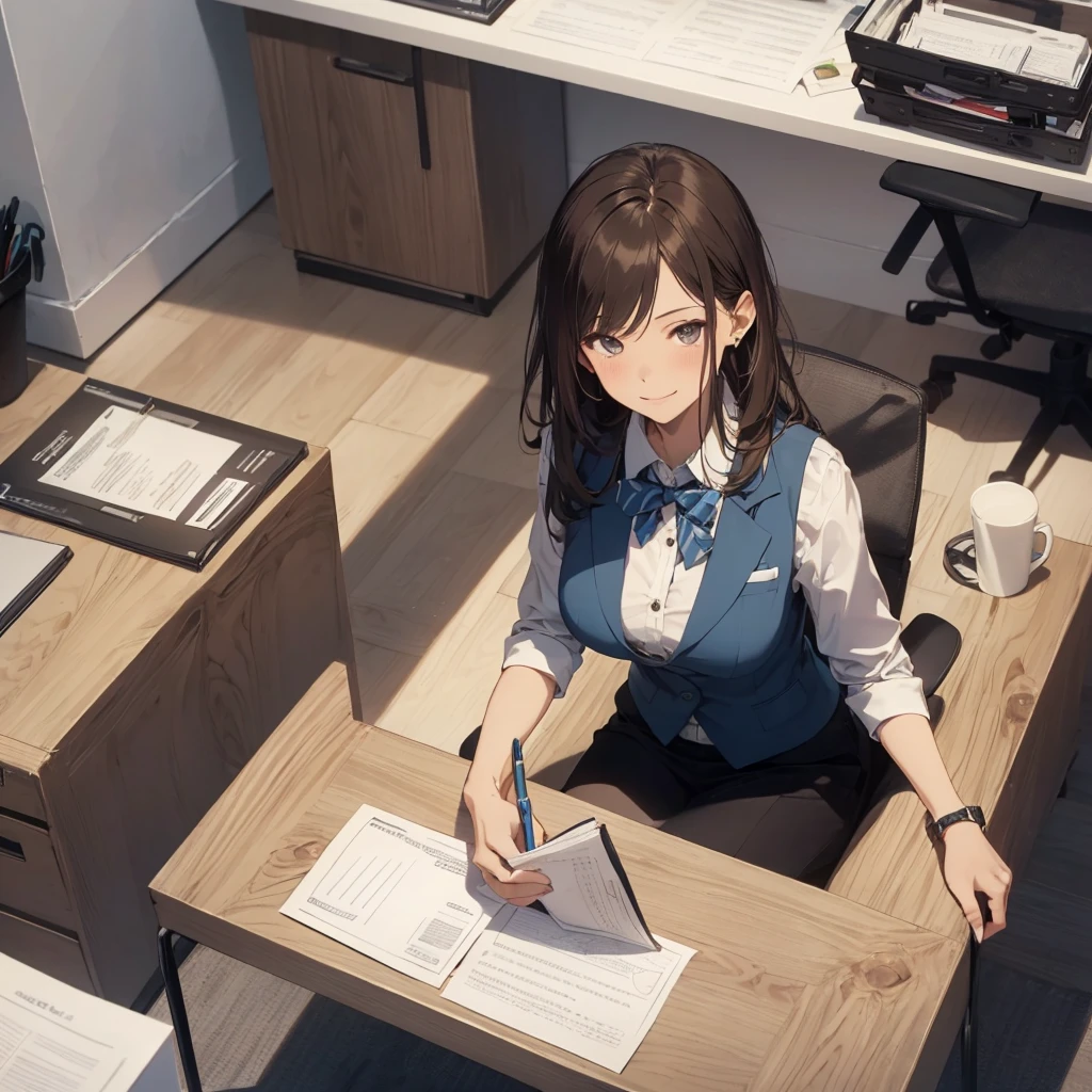 1lady solo, sitting, (from above), office worker, ((blue vest) over white dress shirt), mature female, /(dark brown hair/), kind smile, (masterpiece best quality:1.2) delicate illustration ultra-detailed, large breasts,bowtie BREAK (modern office) indoors, (reception desk), entrance, detailed background