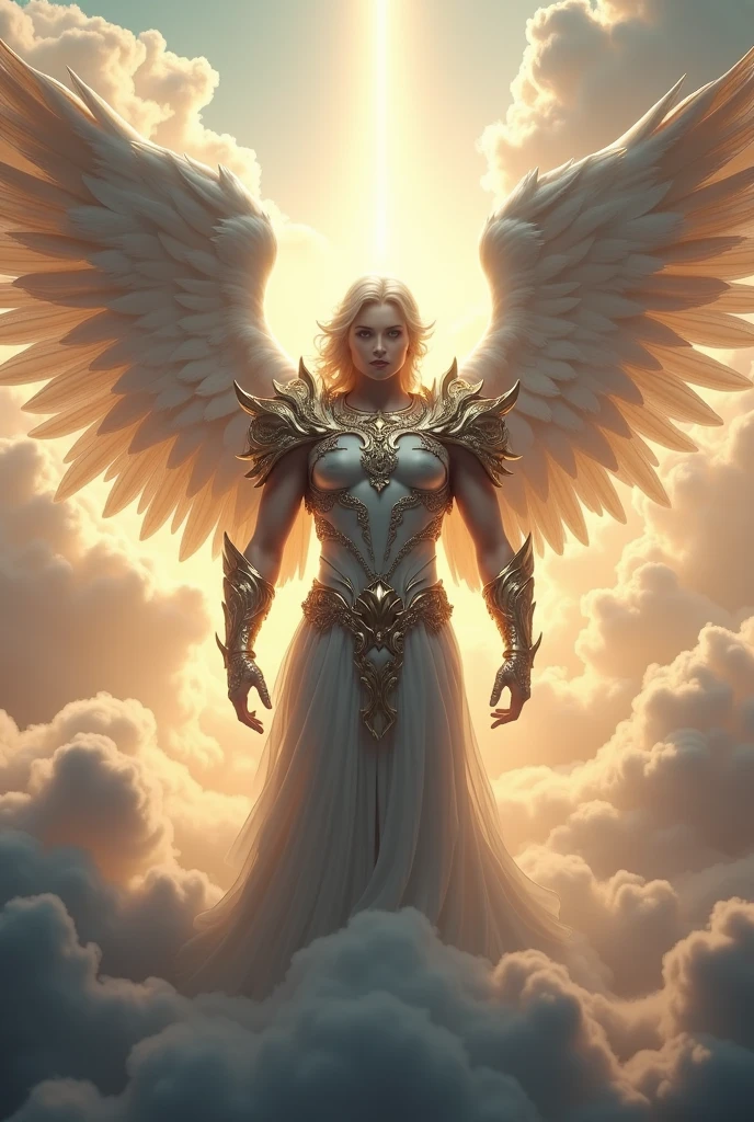 strong angel with heavenly armor, with shield sword, seven wings, ready for battle