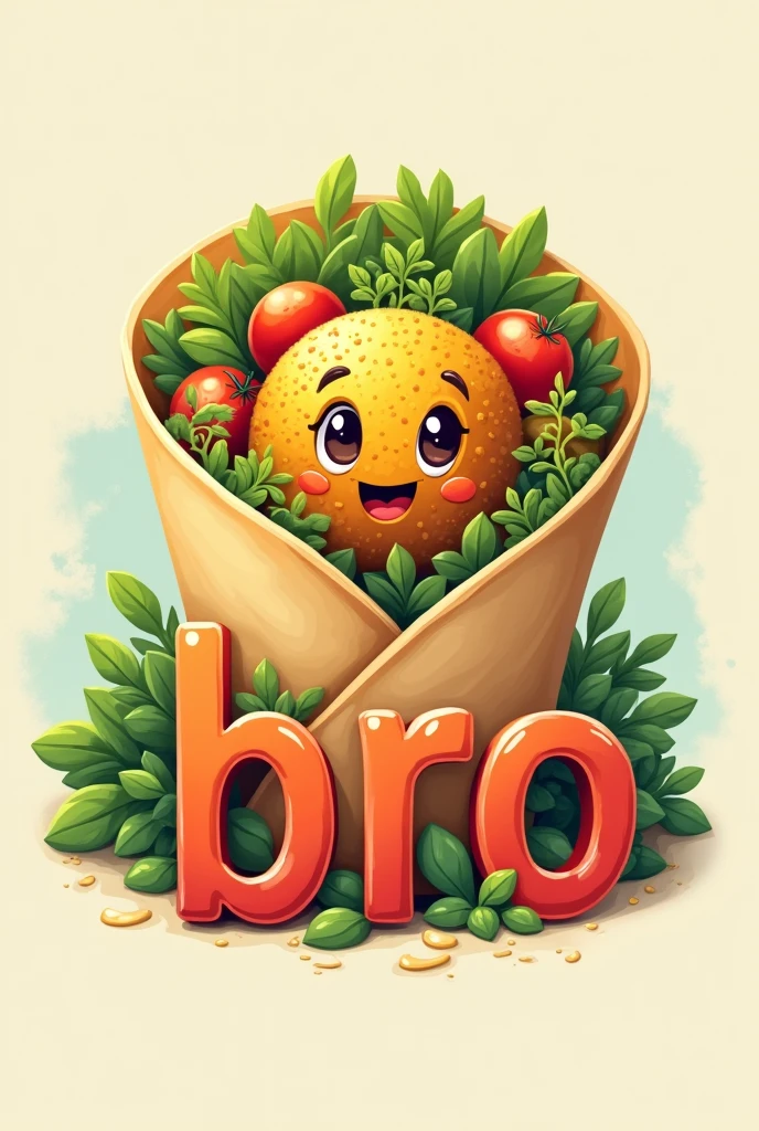 Create “Falafel bro” as a logo. The “o” of bro is supposed to be a falafel. The picture is supposed to be a falafel roll with salad ,everything is serene and elegant