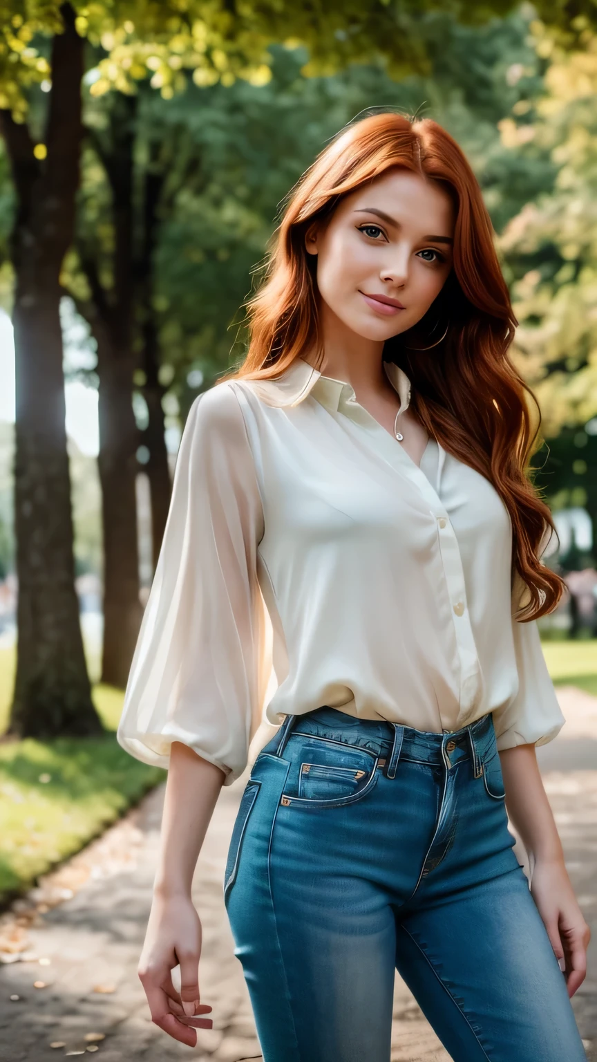 Realistic full body photo of a smiling, Young red-haired girl with long hair, She dances in front of the camera in a long green silk shirt and tight jeans..., Park,glamour fotoshooting, Park, perfect anatomy, perfect green eyes. Perfect hands with 5 fingers on each hand, Matching girl, looking at the camera, 1 Frau. (Eye make up:1.1), (highly detailed skin:1.1), spirit, analog style, keen focus, 8K UHD, dslr, good quality, Fujifilm XT3, Grain, Award-winning, masterpiece. Park