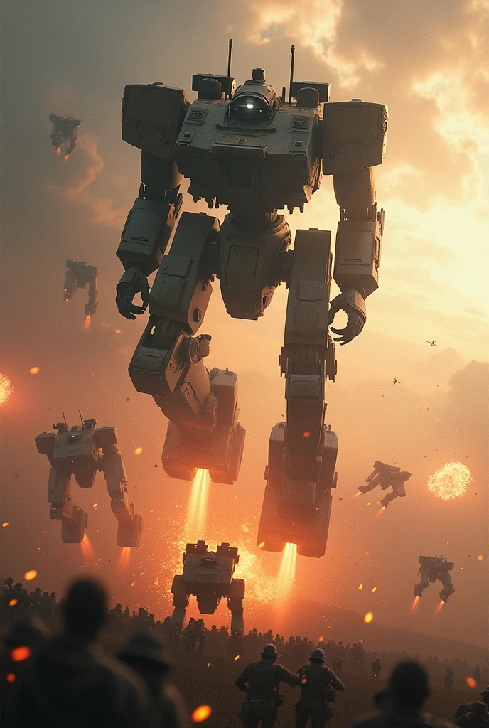 A cinematic action scene depicts mech units deploying from the sky via parachutes. Several military mech units, suspended in the air, fire their weapons toward enemies on the ground. The sky is filled with anti-aircraft rounds and surface-to-air missiles, destroying mech units mid-descent.The scene is intense and chaotic, with explosions lighting up the sky as the mechs descend. On the ground, enemy forces scramble to reposition their defenses, caught off guard by the aerial assault. Despite heavy losses, the surviving mech units press on, determined to establish a foothold and turn the tide of battle.