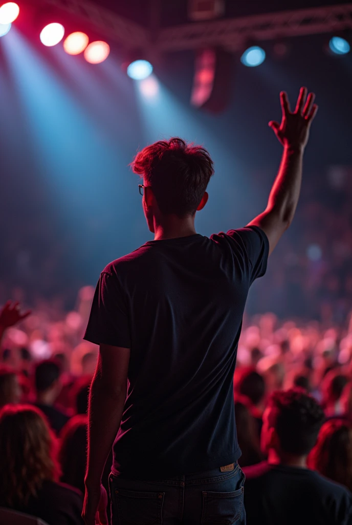 A person who just won fifth place in a competition, shows the places, that is for an audience