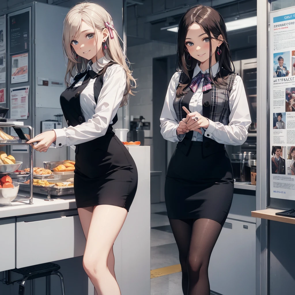 (Best Quality, Masterpiece),Wearing a pink plaid vest, White short sleeved shirt, Gray pencil skirt, Wear stiletto heels, Necklace, earrings, Cute face, Smile, Blushing, Shyness, Glass wall, Ultra Detail, Realistic, Front view, Whole body, stunning, cute, warm smile, hourglass figure, apron, text, chart, advertising, magazine title(Best Quality, Masterpiece), Mag((((1ladyl,)))) (masterpiece), (realistic), (best quality), (ultra-detailed), (wearing in [[white and gray check pattern]] Vest worn over white collared long-sleeved shirt:1.4), (gray vest with buttons:1.2), (Pink Theme:1.2), (blue ribbon ribbon:1.3), (Black theme:1.4), (Tight black pencil skirt:1.5), ((Brown pantyhose)), (high-heels:1.1),longskirt,office desk, office chair,Lulubre Unity 8K Wallpaper, pantyshot, long brown hair, office lady Magazine Cover, 1girl,  amazing, girl, 30 years old, house wiife, warm smile, hourglass figure, text, chart, advertising, magazine title
