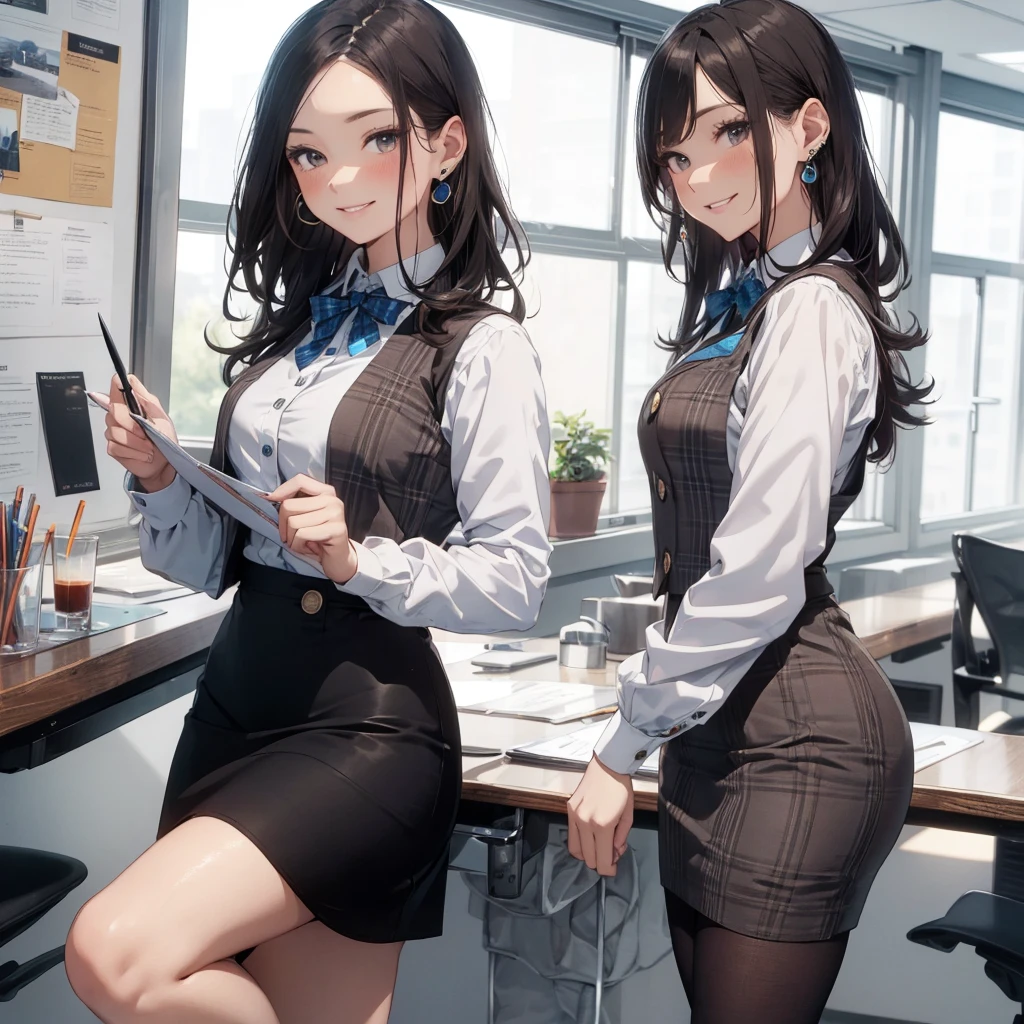 (Best Quality, Masterpiece),Wearing a pink plaid vest, White short sleeved shirt, Gray pencil skirt, Wear stiletto heels, Necklace, earrings, Cute face, Smile, Blushing, Shyness, Glass wall, Ultra Detail, Realistic, Front view, Whole body, stunning, cute, warm smile, hourglass figure, apron, text, chart, advertising, magazine title(Best Quality, Masterpiece), Mag((((1ladyl,)))) (masterpiece), (realistic), (best quality), (ultra-detailed), (wearing in [[white and gray check pattern]] Vest worn over white collared long-sleeved shirt:1.4), (gray vest with buttons:1.2), (Pink Theme:1.2), (blue ribbon ribbon:1.3), (Black theme:1.4), (Tight black pencil skirt:1.5), ((Brown pantyhose)), (high-heels:1.1),longskirt,office desk, office chair,Lulubre Unity 8K Wallpaper, pantyshot, long brown hair, office lady Magazine Cover, 1girl,  amazing, girl, 30 years old, house wiife, warm smile, hourglass figure, text, chart, advertising, magazine title