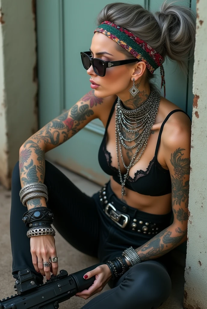 russian milf woman, grey hair (bouffant, top bun) and oversized square sunglasses and wide colourful bandana as headband, with very light green eyes, extremely pale. Big lips. Black lace push up bra, silicone breast,, black skinny leggings. Flip flops. Lots of thick wide studded bracelets, chain collars and big rings,. Additional crossed loose belts,. Long earrings with chains and feathers. Sitting on the ground with legs apart and back leaning against a corner, in a laid back, lazy pose. Neck, chest, stomach and wrists heavily tattoed. Toned abdominals, thin neck, slim legs and thin arms. Narrow hips and long legs. Exhausted, sleeping with mouth open and tilted face.. Seen from above. AR15 on her lap