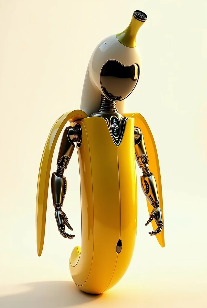 a cute banana robot,highly detailed,photorealistic,clean white background,dynamic pose,robotic features,mechanical parts,shiny metallic finish,intricate design,precise engineering,warm lighting,vivid colors,3d render,octane render,cinematic composition,award winning digital art