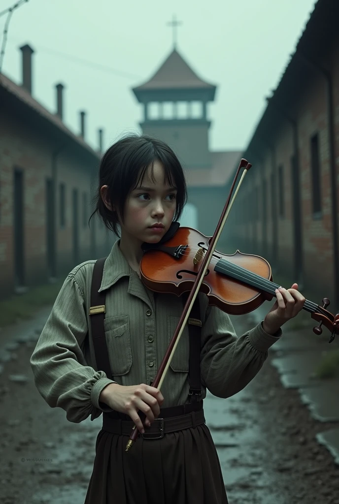 Late day,It is surrounded by low, temporary buildings,A boy plays his violin gracefully in the ruins,The girl sat quietly next to her and listened --auto