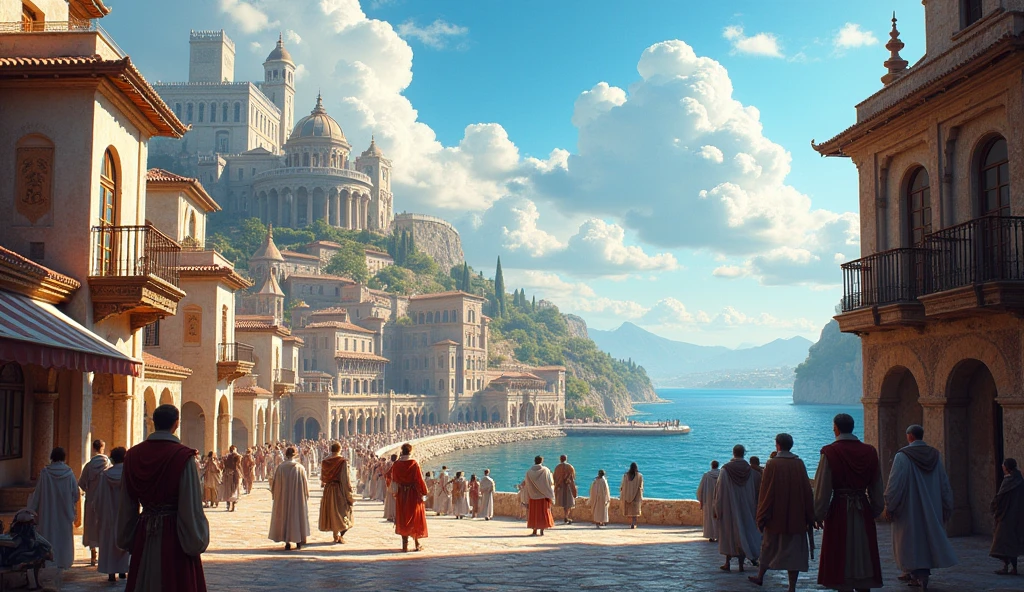 {(best quality, 8k, masterpiece, HDR, soft lighting, perfect image, digital illustration, manhwa art, hyper detailed image, perfect lines, realistic, elegant)} palace in distance, vibrant city, day sky, open sea port with ships, multiple people wearing medieval attire in distance walking, beautiful, pretty