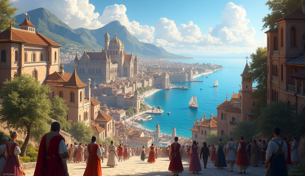 {(best quality, 8k, masterpiece, HDR, soft lighting, perfect image, digital illustration, manhwa art, hyper detailed image, perfect lines, realistic, elegant)} palace in distance, vibrant city, day sky, open sea port with ships, multiple people wearing medieval attire in distance walking, beautiful, pretty