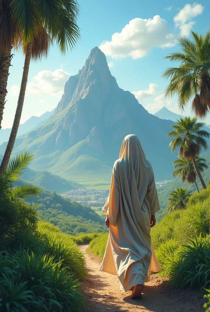 There is a mountain, cave, some date palm, green land , blue sky , a muslim women who is covered by wide islamic dress and cabutured from back side , th women is walking toward the background