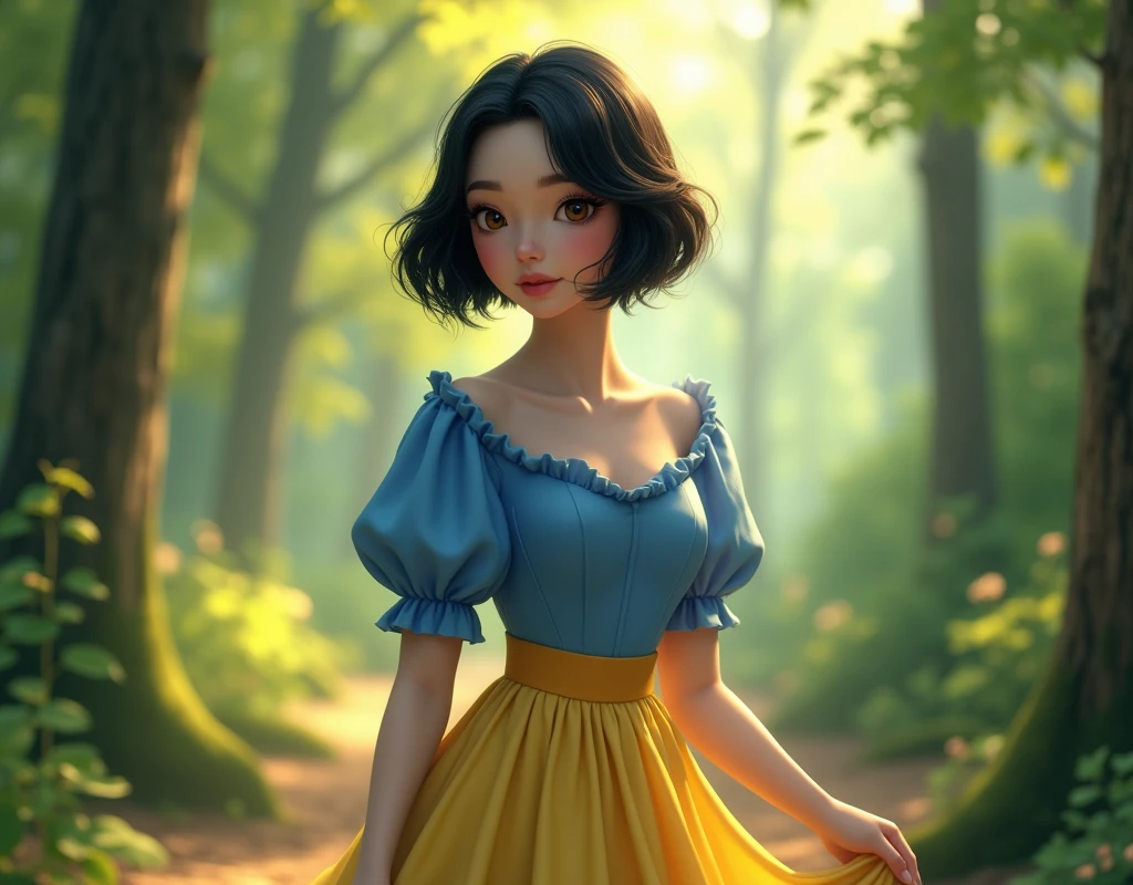 Create an ultra realistic style image, of a princess, woman with short black hair, beautiful face, super white and pale skin, wearing a blue blouse, and a beautiful yellow skirt, princess pose, blurred forest background, in 8K