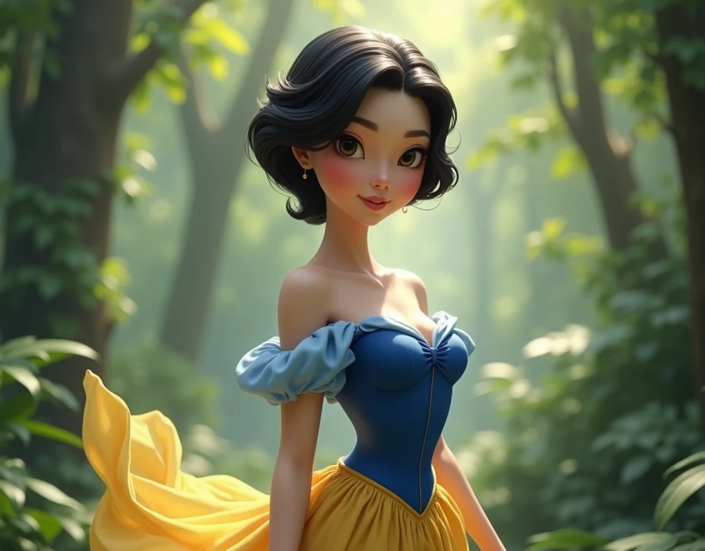 Create an ultra realistic style image, of a princess, woman with short black hair, beautiful  face, super white and pale skin, wearing a blue blouse, and a beautiful yellow skirt, princess pose, blurred forest background, in 8K