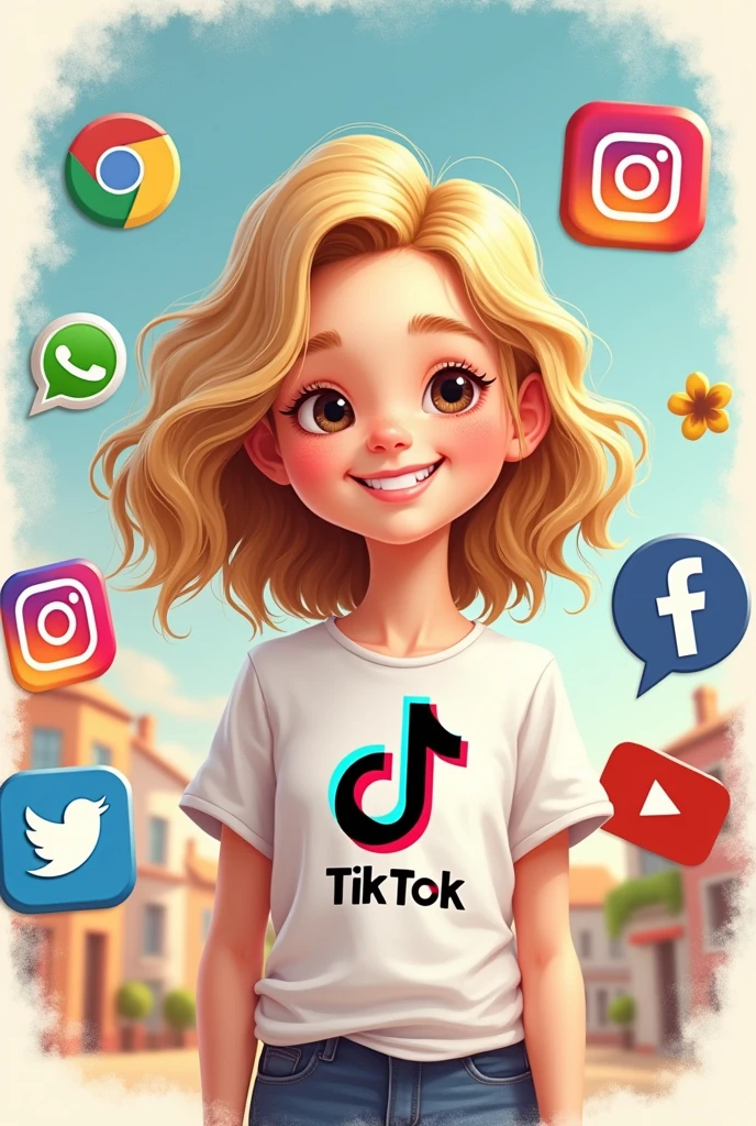 Cartoon drawing of a white girl with the tiktok logo on her t-shirt, WhatsApp Instagram, Facebook and YouTube 