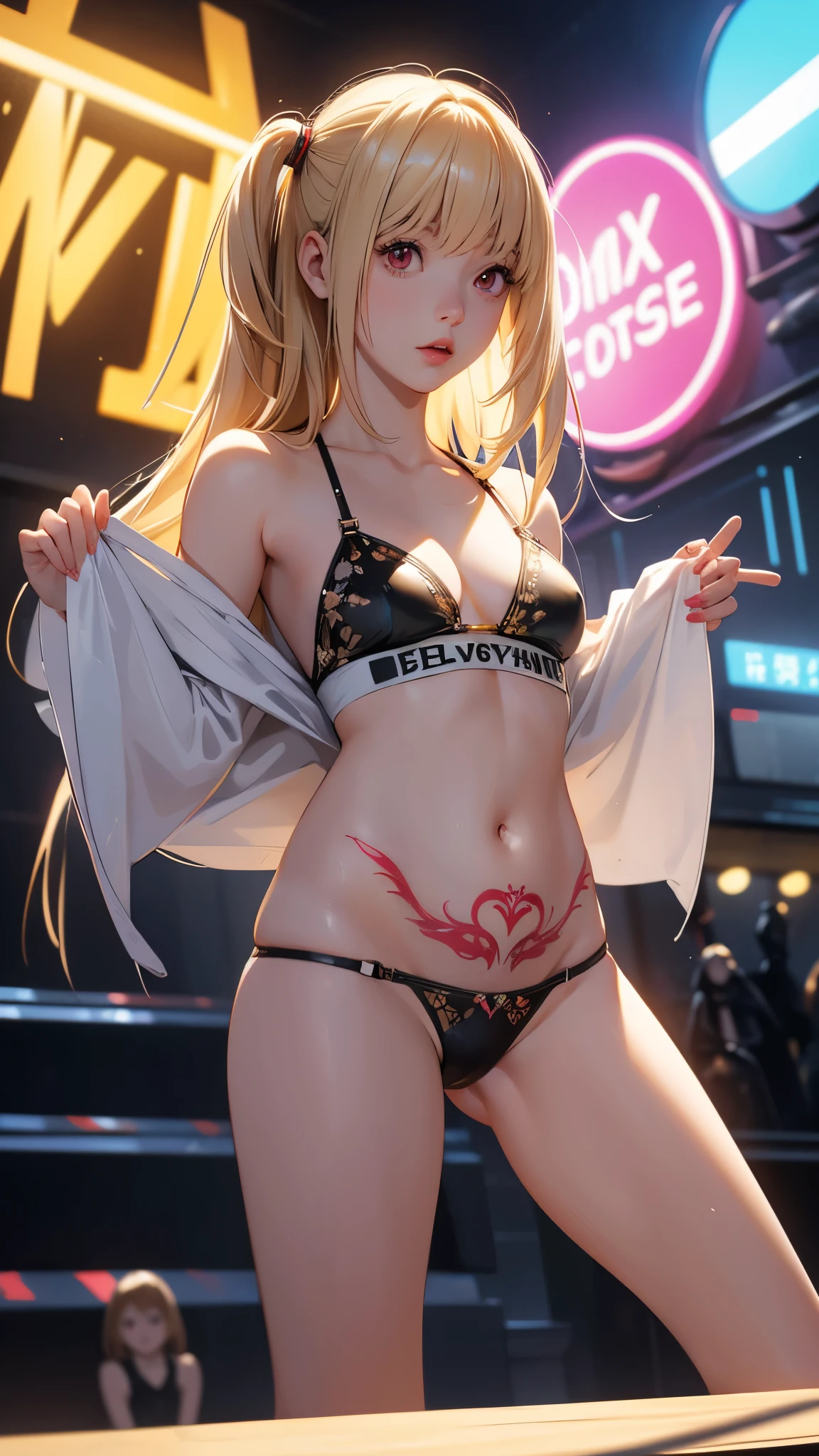 (best quality,highres:1.2),ultra-detailed,realistic,photorealistic:1.37,a beautiful girl (Misa Amane - Death Note) Anime Design) model in a fantasy style,1,long legs,medium breasts,extremely detailed face (with emphasis on red eyes).She is wearing a black thong and a shirt on her naked body, more than half of her body is naked. The clothes emphasize her sexuality,bent down, lifting her ass to the top,there is an artfully executed tattoo on the right thigh of her leg, the girl stands in this angle (showing everyone her tattoo),illustration,colorful pop art style,dynamic lighting,neon colors.Nsfw