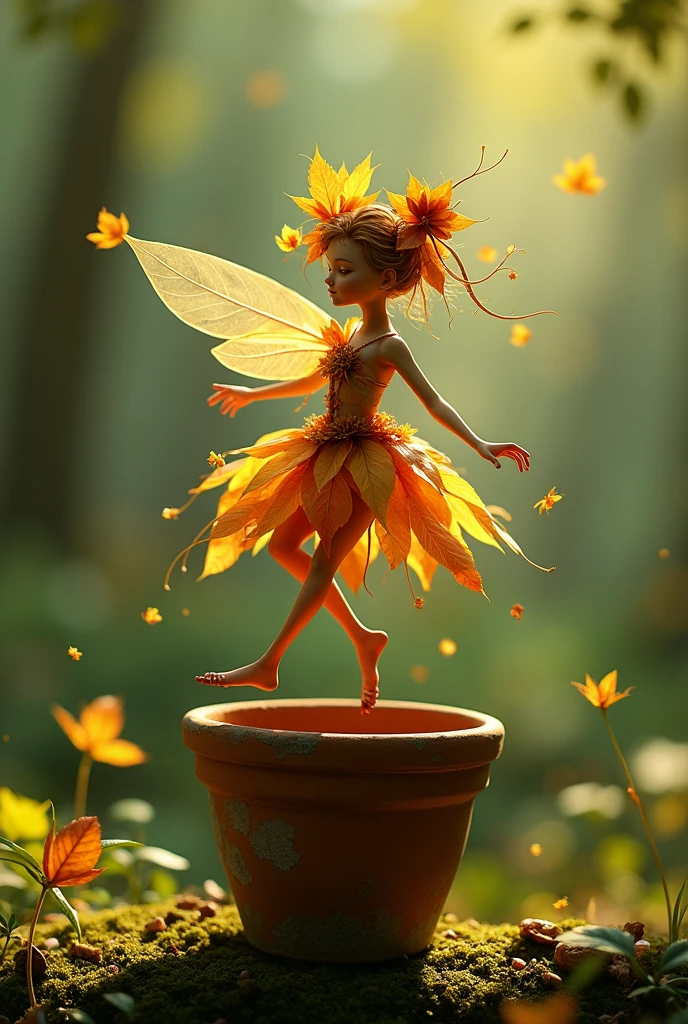 A whimsical miniature figure composed of delicately arranged autumn leaves, dancing on the rim of a weathered, moss-covered terracotta pot, set against a lush forest backdrop with dappled sunlight filtering through the canopy, casting intricate shadows, in warm earthy tones of sienna, umber, olive green, with hints of emerald and golden light, evoking wonder and enchantment.