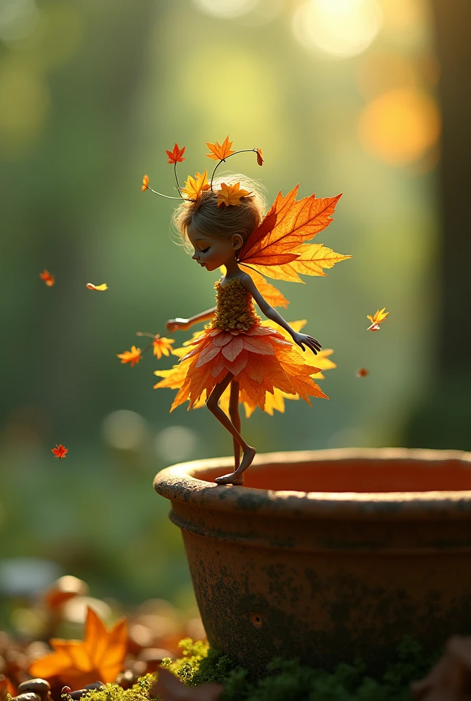 A whimsical miniature figure composed of delicately arranged autumn leaves, dancing on the rim of a weathered, moss-covered terracotta pot, set against a lush forest backdrop with dappled sunlight filtering through the canopy, casting intricate shadows, in warm earthy tones of sienna, umber, olive green, with hints of emerald and golden light, evoking wonder and enchantment.
