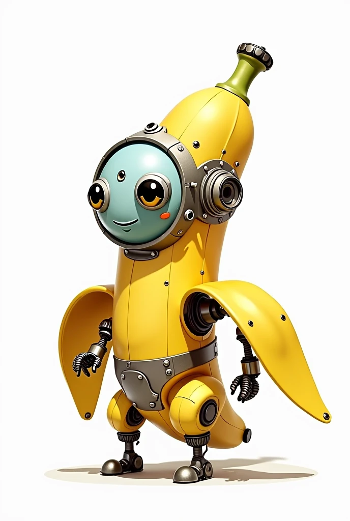 Drawing of a banana that looks like a cute robot on a white background