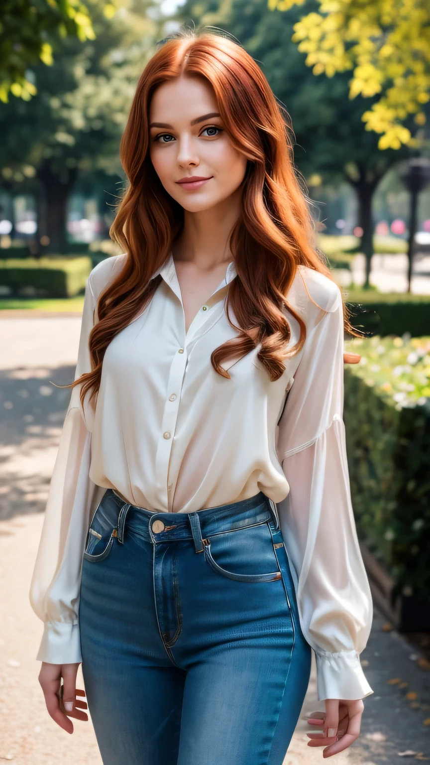 Realistic full body photo of a smiling, Young red-haired girl with long hair, She dances in front of the camera in a long silk shirt and tight jeans..., Park,glamour fotoshooting, Park, perfect anatomy, perfect green eyes. Perfect hands with 5 fingers on each hand, Matching girl, looking at the camera, 1 Frau. (Eye make up:1.1), (highly detailed skin:1.1), spirit, analog style, keen focus, 8K UHD, dslr, good quality, Fujifilm XT3, Grain, Award-winning, masterpiece. Park