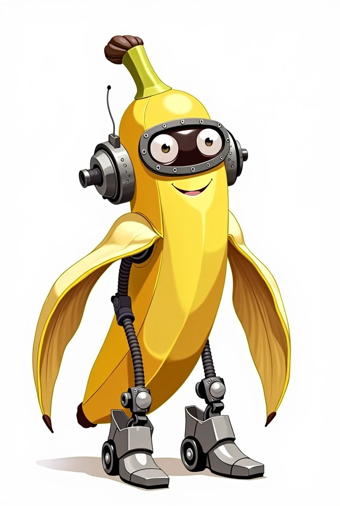 Drawing of a banana that looks like a cute robot on a white background