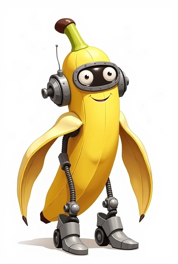 Drawing of a banana that looks like a cute robot on a white background