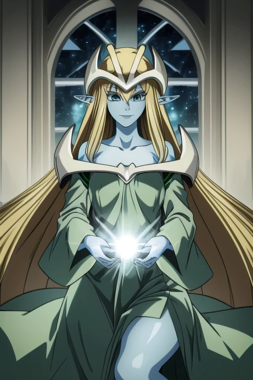 mysticalygo, mystical elf, smile, green dress, long sleeves dress., loose sleeves, long skirt, blue skin, blonde hair, long hair, room, Yugioh, 1girl, Solo, no hands, sleeves coverd hands, overly long sleeves