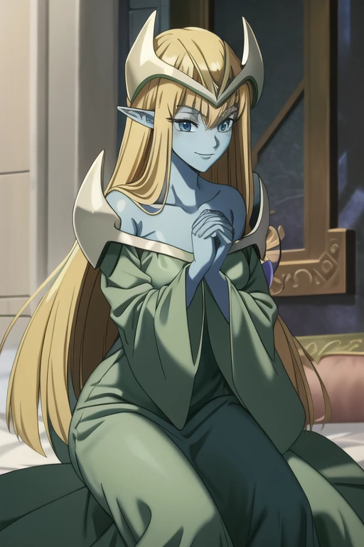 mysticalygo, mystical elf, smile, green dress, long sleeves dress., loose sleeves, long skirt, blue skin, blonde hair, long hair, room, Yugioh, 1girl, Solo, no hands, sleeves coverd hands, overly long sleeves