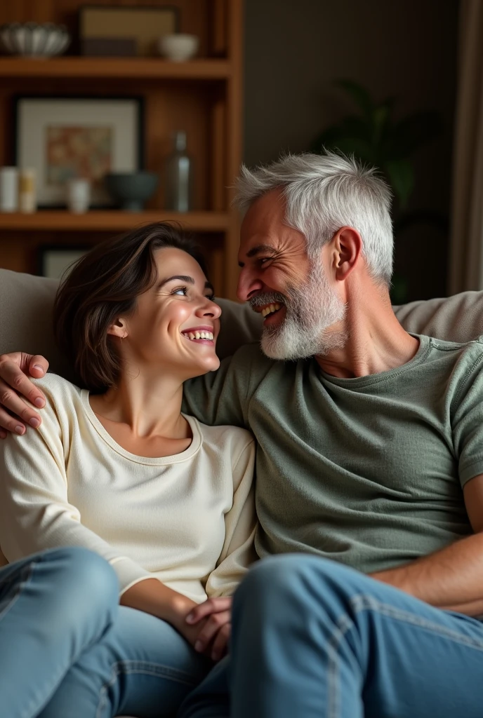 White Italian woman, short hair, Age 22, she is on the couch sitting with a 40 year old Italian man and they are smiling at each other, extremely detaild, photoshot_\( ultra\), photoshotrealisitic, realisitic, Post-processing, Maximum details, roughness, real-life, ultrarealisitic, photoshotrealism, photoshotgraphy, 8k hd, photoshotgraphy