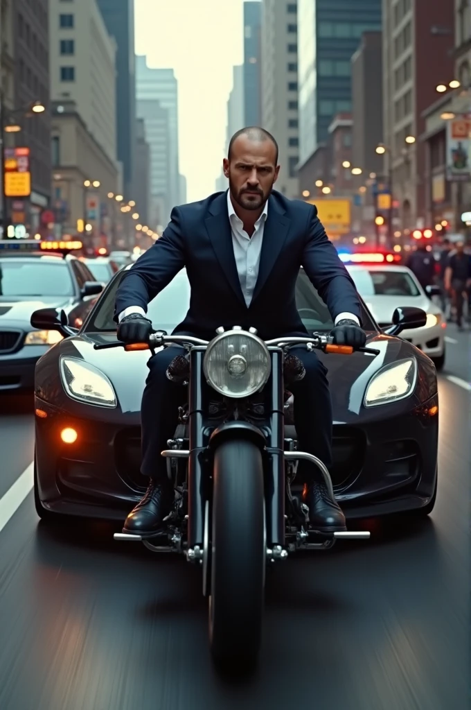 Make jason statham has suite who driving a black car and police are run behind also police cars make thumbnail and 16:9 ratio