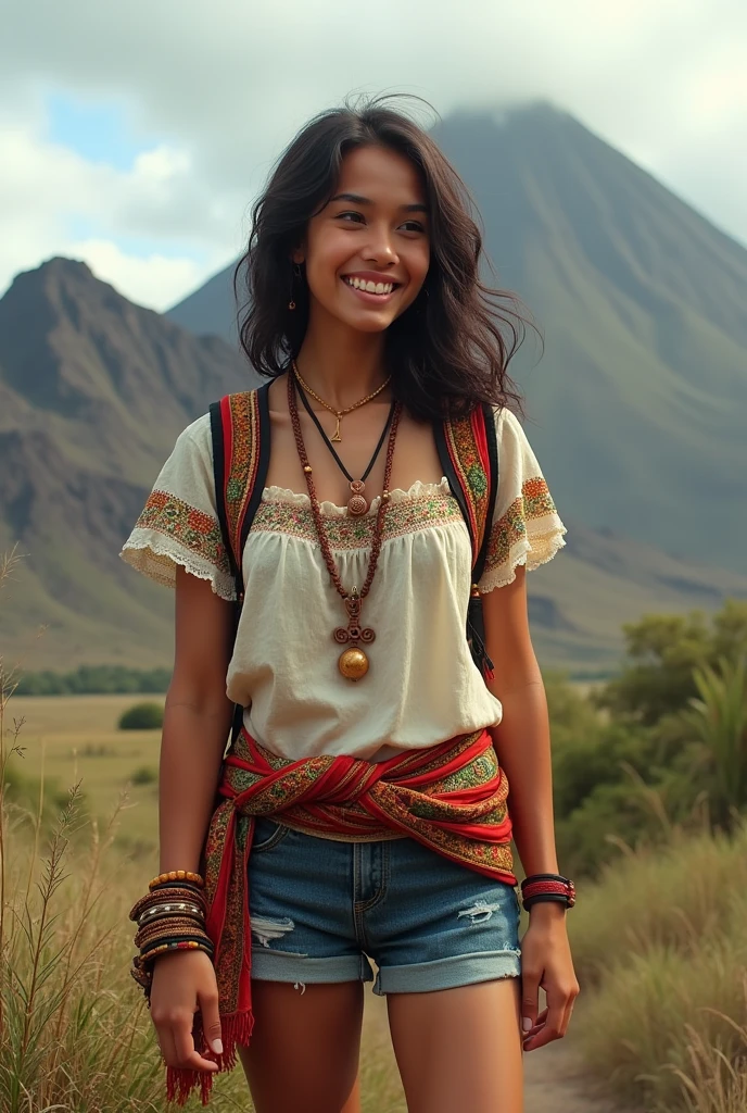 Woman in the typical Galapagos Ecuadorian costume but with shorts and looking like a tourist