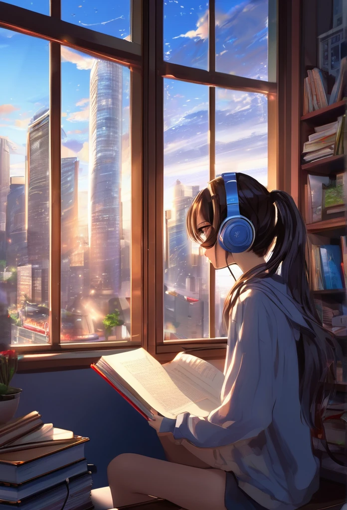 Absurd, high resolution, super detailed window background city,
  1 girl, anime girl, study, beautyful light, with books, with headphones, brow hair, in room, Side view, 20 seconds