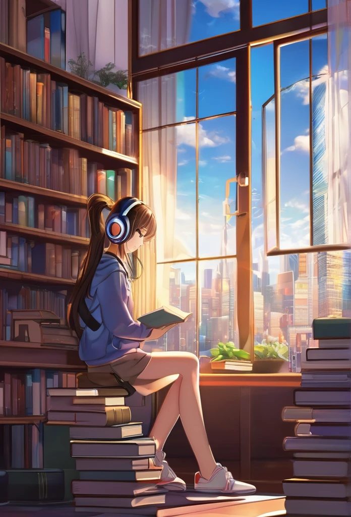 Absurd, high resolution, super detailed window background city,
  1 girl, anime girl, study, beautyful light, with books, with headphones, brow hair, in room, Side view, 20 seconds