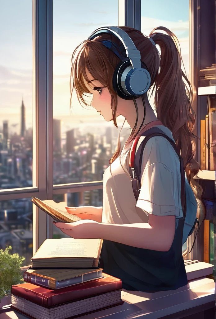 Absurd, high resolution, super detailed window background city,
1 girl, anime girl, study, beautyful light, with books, with headphones, brow hair, in room, Side view, 20 seconds