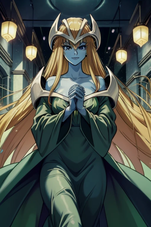 mysticalygo, mystical elf, smile, green dress, long sleeves dress., loose sleeves, long skirt, blue skin, blonde hair, long hair, room, Yugioh, 1girl, Solo, no hands, sleeves coverd hands, overly long sleeves, standing