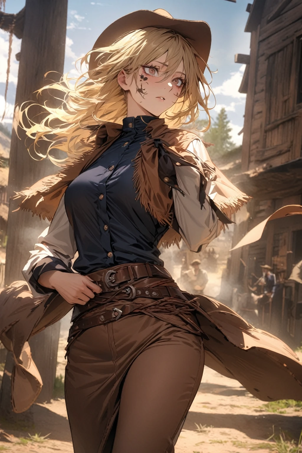 absurd, high resolution, ultra detailed, HDR, masterpiece, best quality, extremely detailed face and eyes, Yuki Tsukmo, long blonde hair, expressive brown eyes, Jujutsu Kaisen, solo, woman, beautiful, wearing cowboy hat, cowboy costume , western, old west background