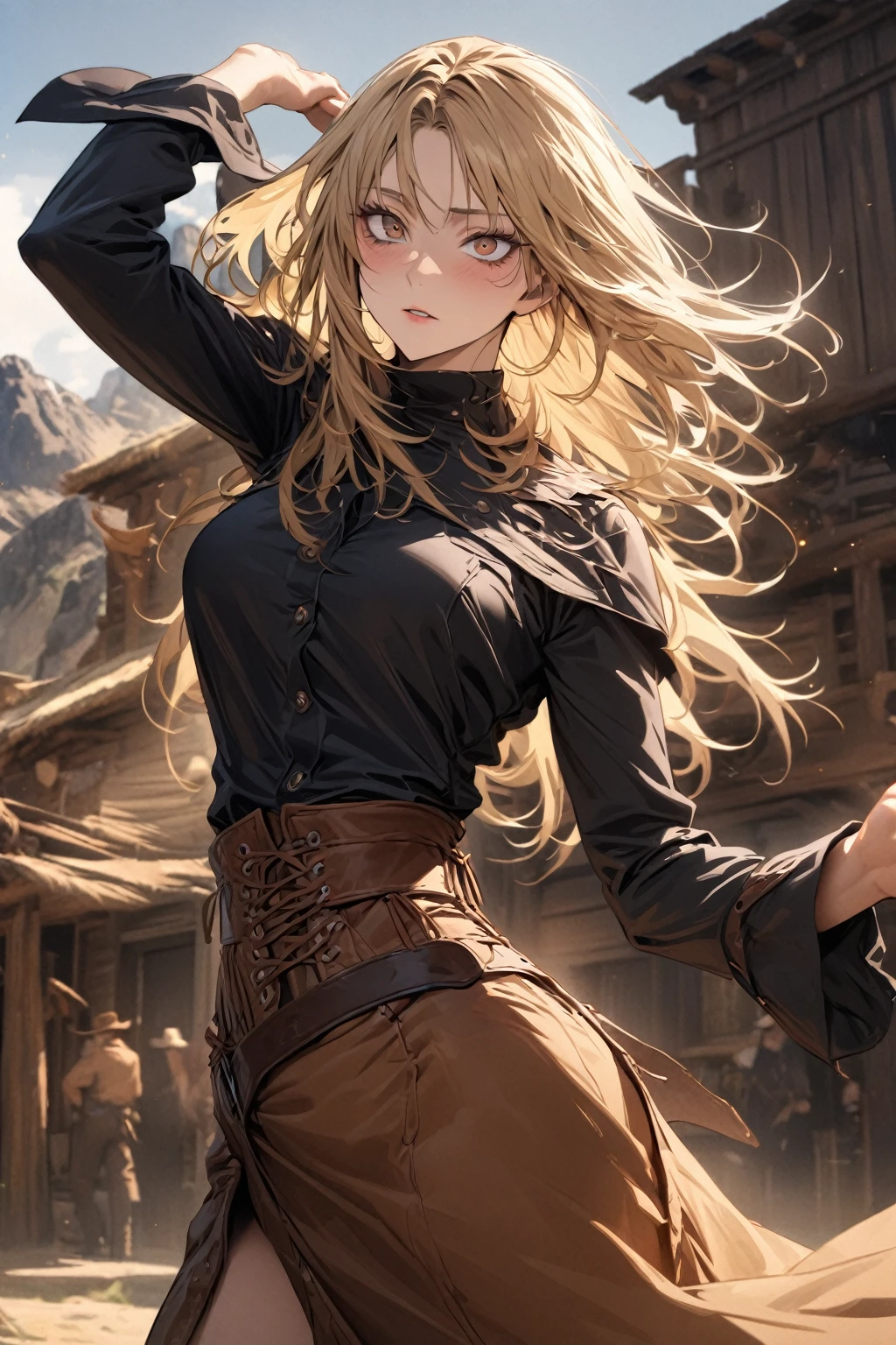 absurd, high resolution, ultra detailed, HDR, masterpiece, best quality, extremely detailed face and eyes, Yuki Tsukmo, long blonde hair, expressive brown eyes, Jujutsu Kaisen, solo, woman, beautiful, wearing cowboy hat, cowboy costume , western, old west background