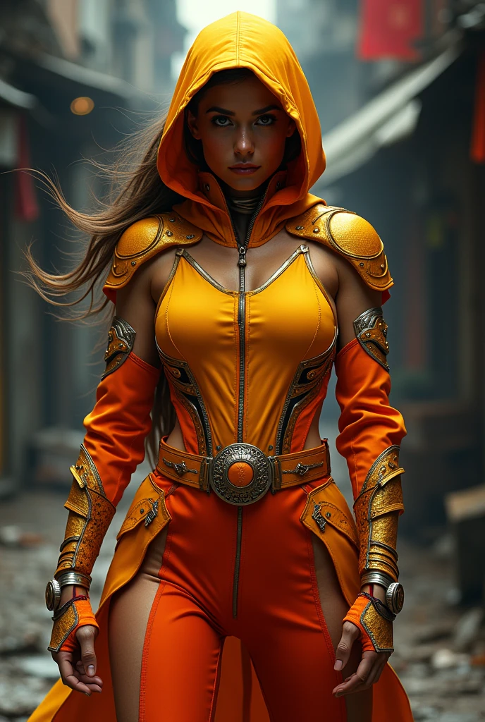 orange and yellow and gold and red women's ninja outfit