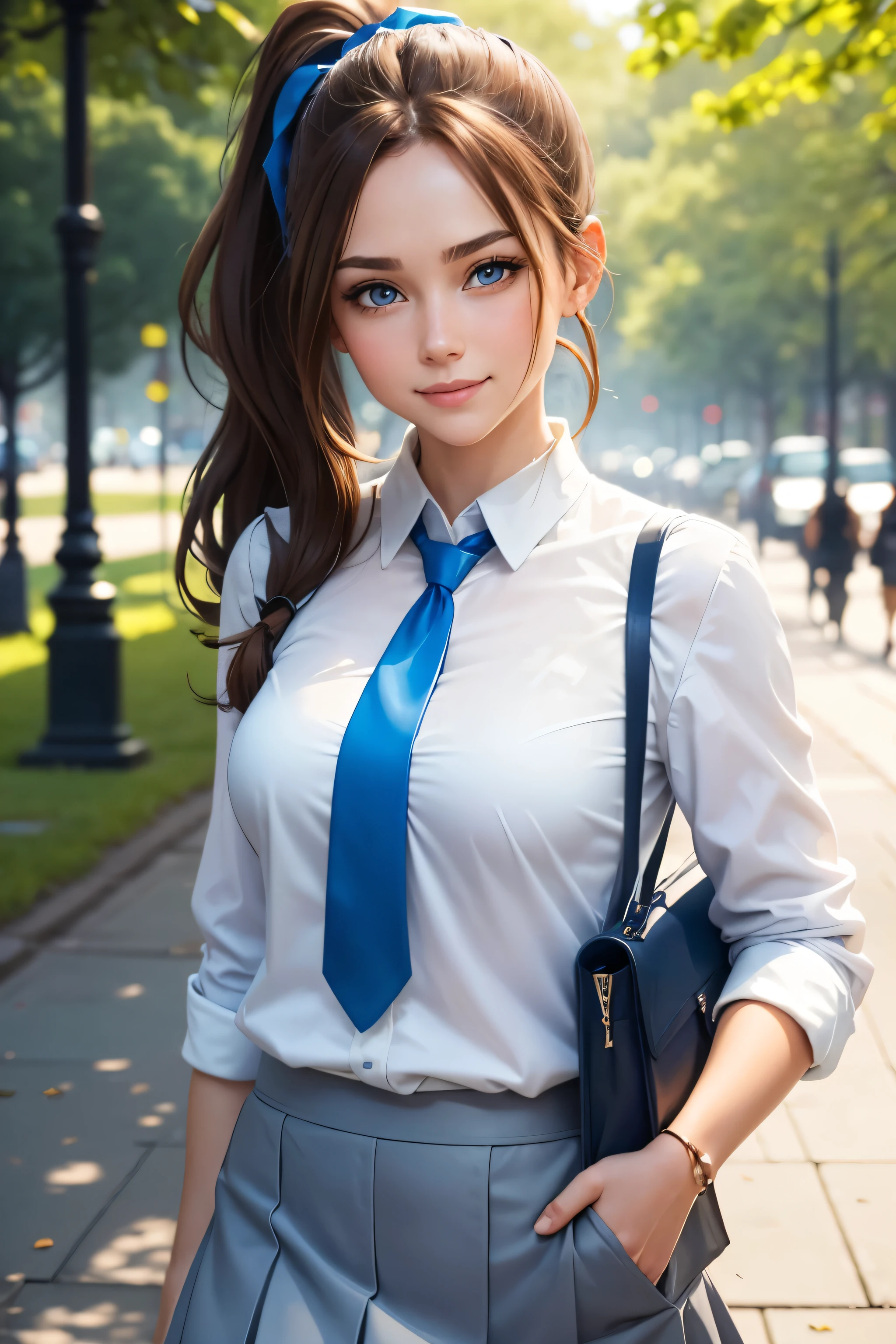 Woman, Brown HAir, Ponytail, Blue Eyes, Blue MiniSkirt, White Shirt, Blue Necktie, Walking In the park, Smiling, Blushing