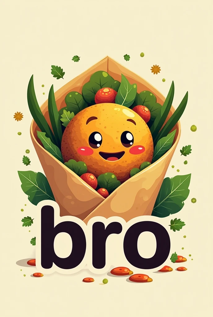 Create “Falafel bro” as a logo. The “o” of bro is supposed to be a falafel. The picture is supposed to be a falafel roll with salad ,everything is serene and elegant